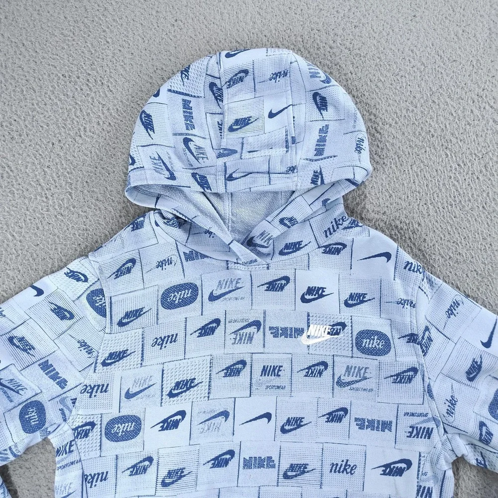 Nike Sportswear Hoodie Kids XL Blue All Over Logo Graphic Pullover FN8741-440